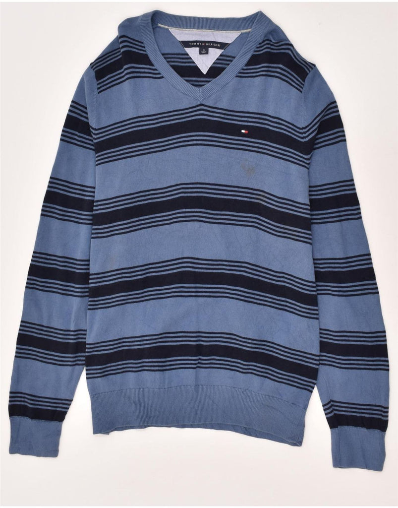 TOMMY HILFIGER Mens V-Neck Jumper Sweater Medium Blue Striped Cotton | Vintage Tommy Hilfiger | Thrift | Second-Hand Tommy Hilfiger | Used Clothing | Messina Hembry 