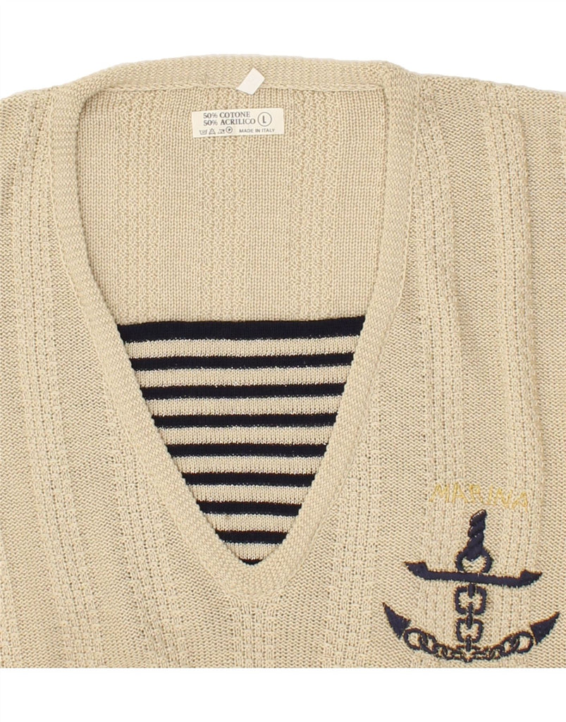 VINTAGE Womens V-Neck Jumper Sweater UK 16 Large Beige Cotton Vintage Vintage and Second-Hand Vintage from Messina Hembry 