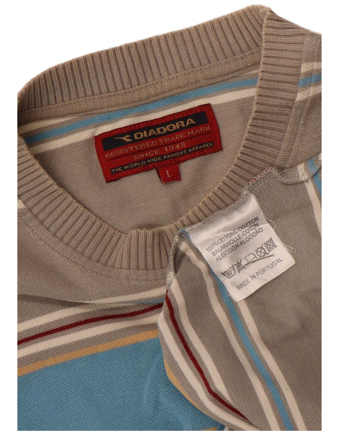Diadora Mens T-Shirt Top Large Grey Striped Cotton