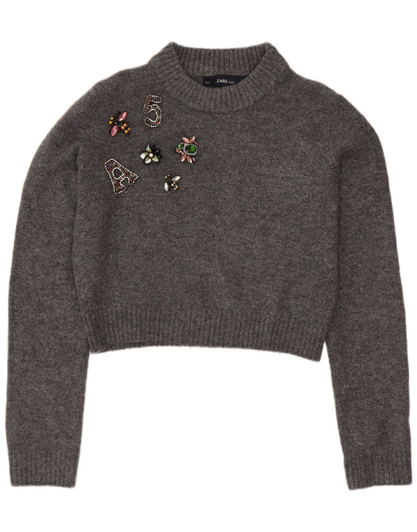 Zara Womens Oversized Graphic Crew Neck Jumper Sweater UK 10 Small Grey