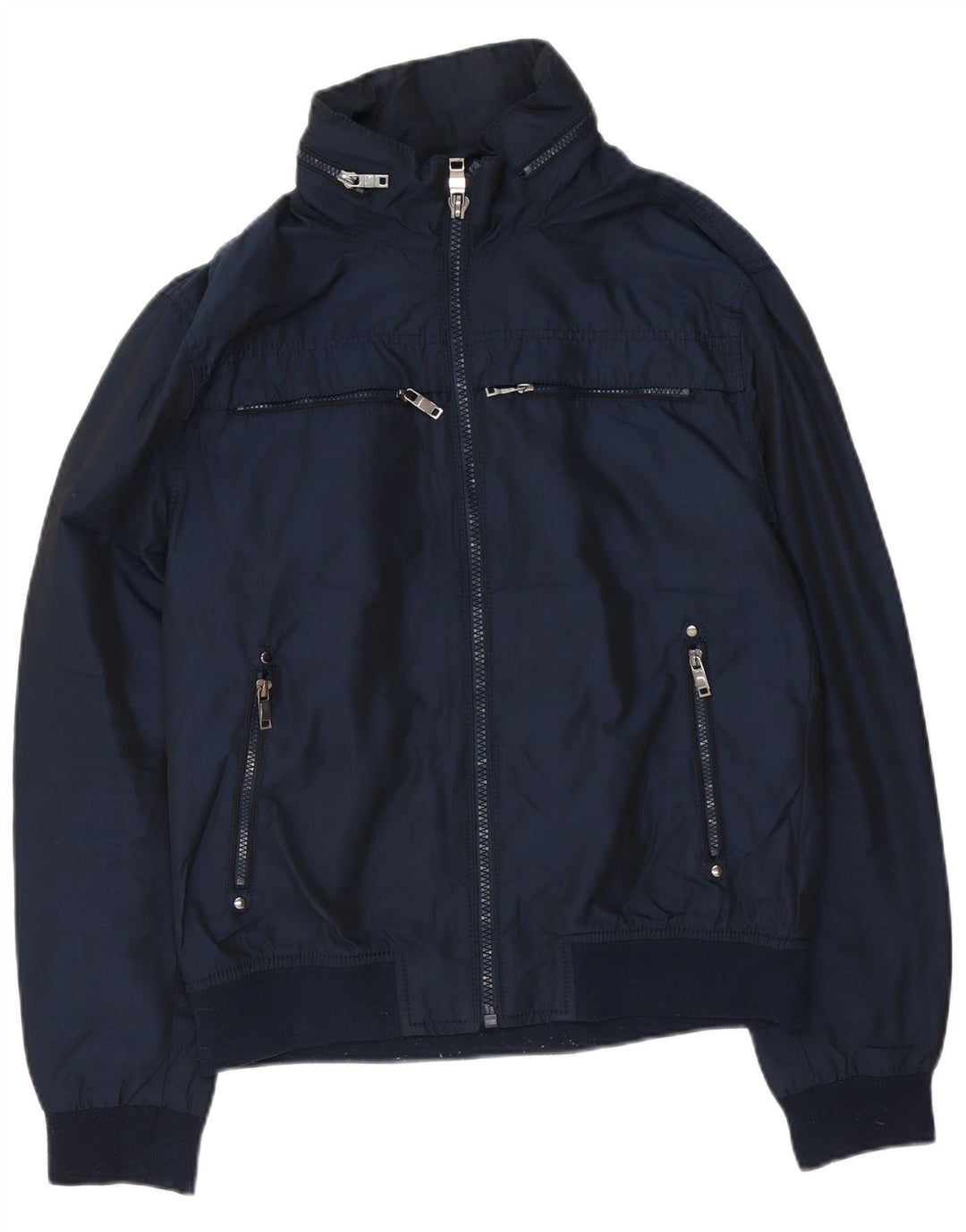 Zara Mens Hooded Bomber Jacket UK 42 XL Navy Blue Polyester