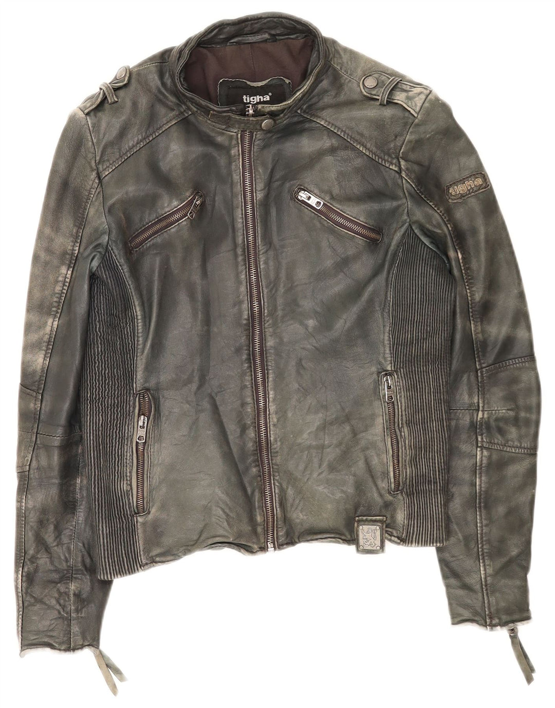 Tigha Womens Leather Racer Jacket UK 16 Large Khaki