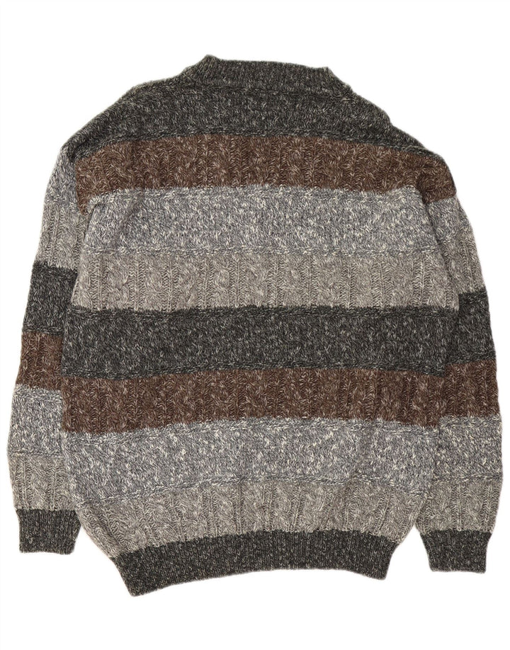Vintage Mens V-Neck Jumper Sweater XL Grey Striped Wool