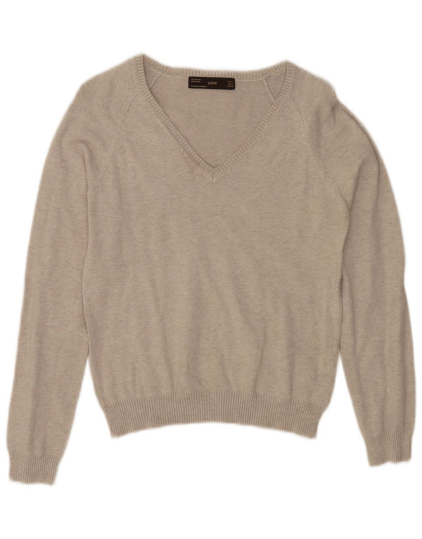 Zara Womens Crop V-Neck Jumper Sweater UK 14 Large Grey Cotton