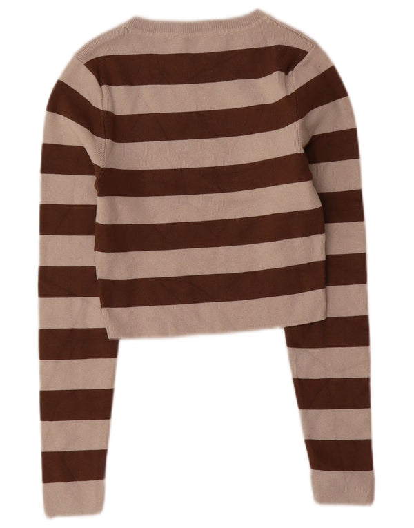 Zara Womens Crop Top Long Sleeve UK 8 Small Brown Striped Viscose