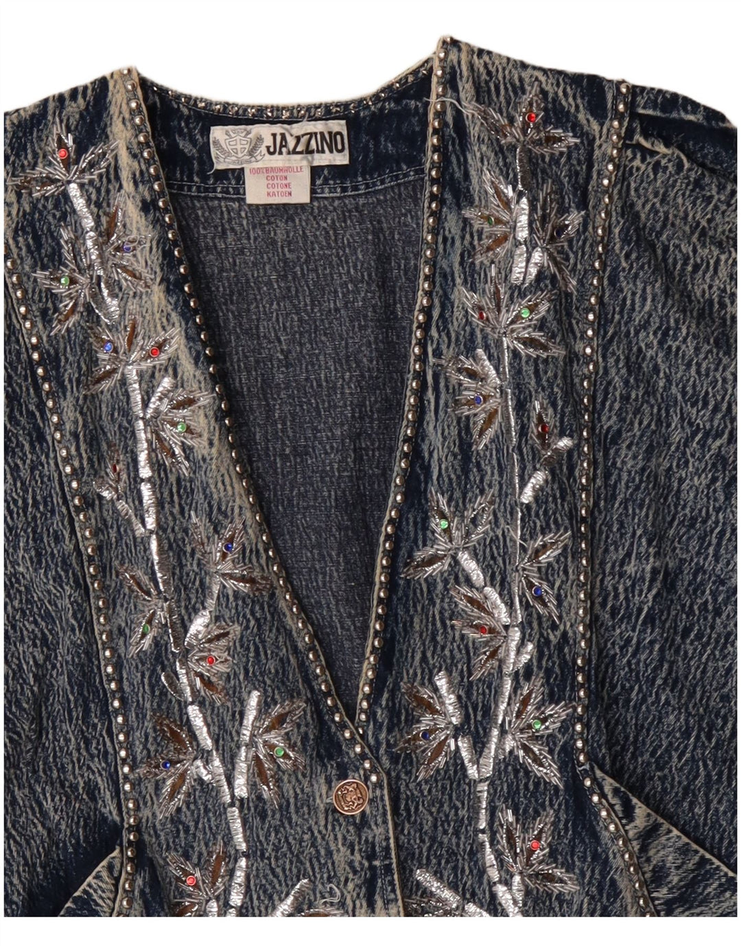 JAZZINO Womens 3/4 Sleeve Oversized Denim Jacket UK 18 XL Blue Floral