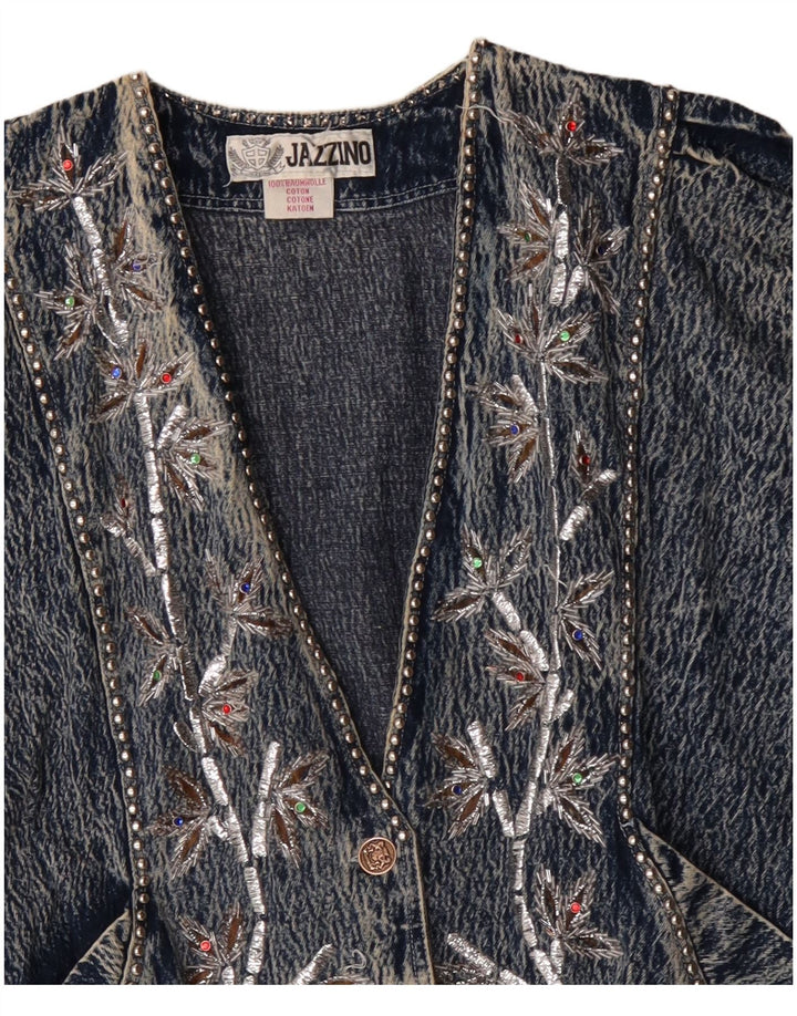 JAZZINO Womens 3/4 Sleeve Oversized Denim Jacket UK 18 XL Blue Floral