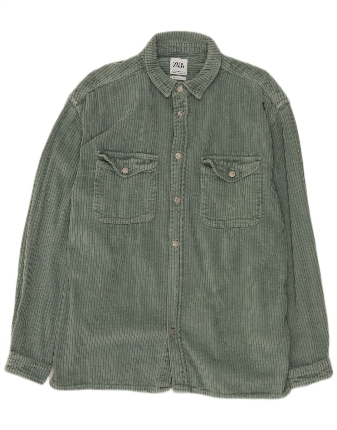 ZARA Mens Relaxed Fit Corduroy Shirt Medium Green Cotton