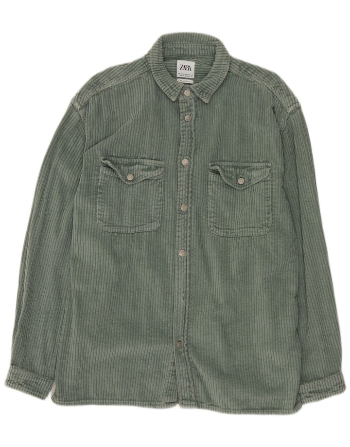 ZARA Mens Relaxed Fit Corduroy Shirt Medium Green Cotton