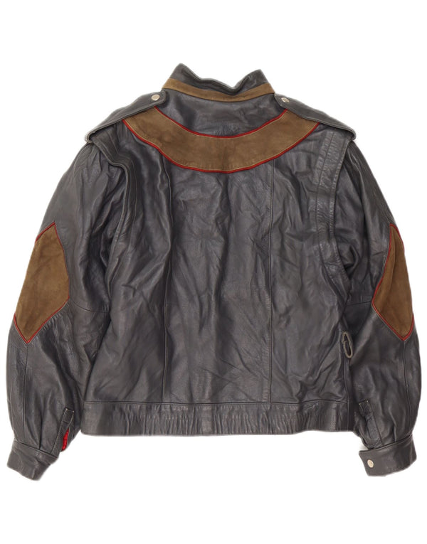 Vintage Womens Military Leather Jacket UK 12 Medium Black Colourblock