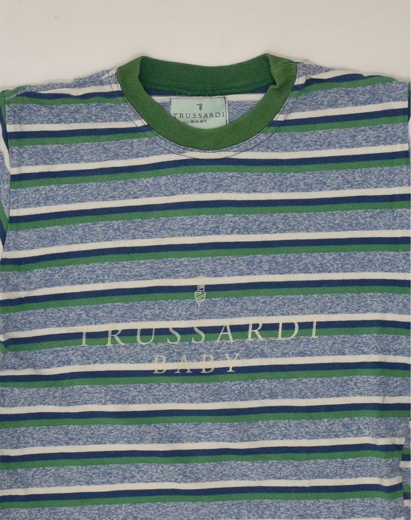 TRUSSARDI Boys Graphic T-Shirt Top 5-6 Years Green Striped Cotton | Vintage Trussardi | Thrift | Second-Hand Trussardi | Used Clothing | Messina Hembry 