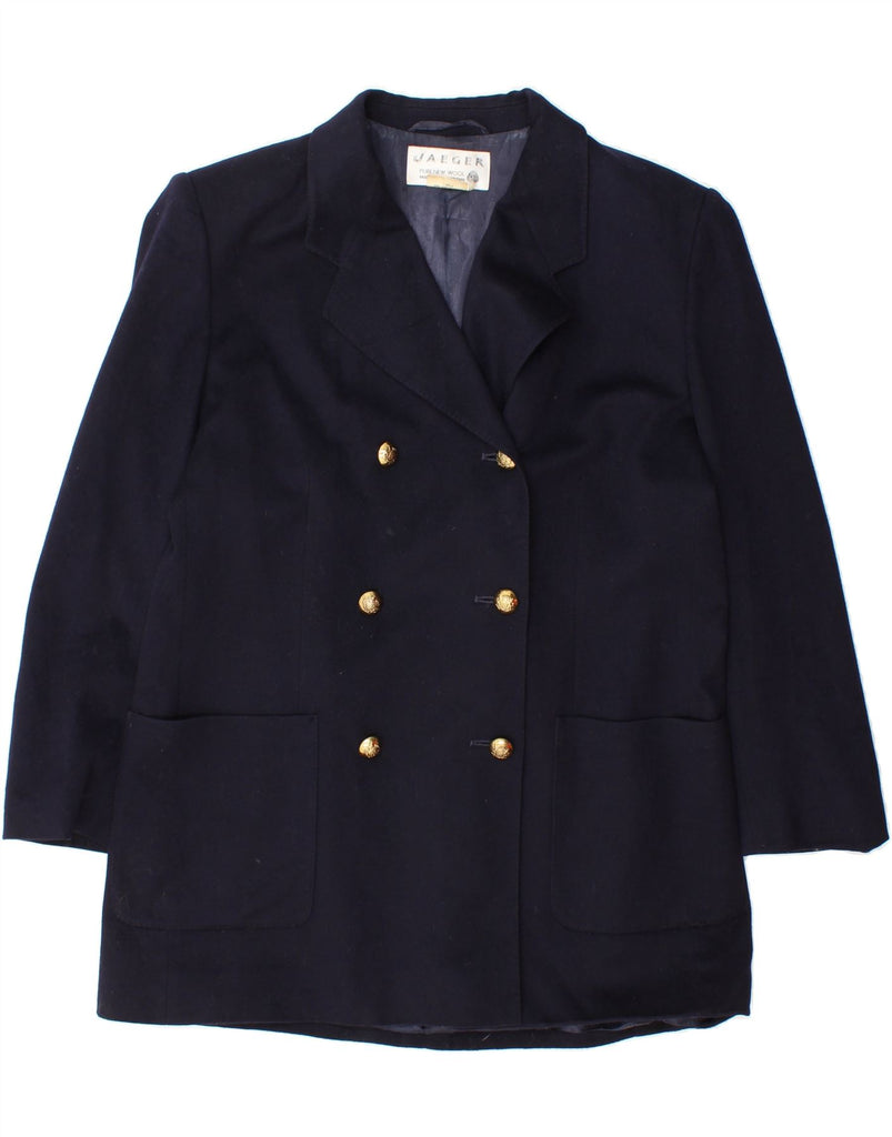 JAEGER Womens Double Breasted Coat UK 14 Medium Navy Blue Wool Vintage Jaeger and Second-Hand Jaeger from Messina Hembry 