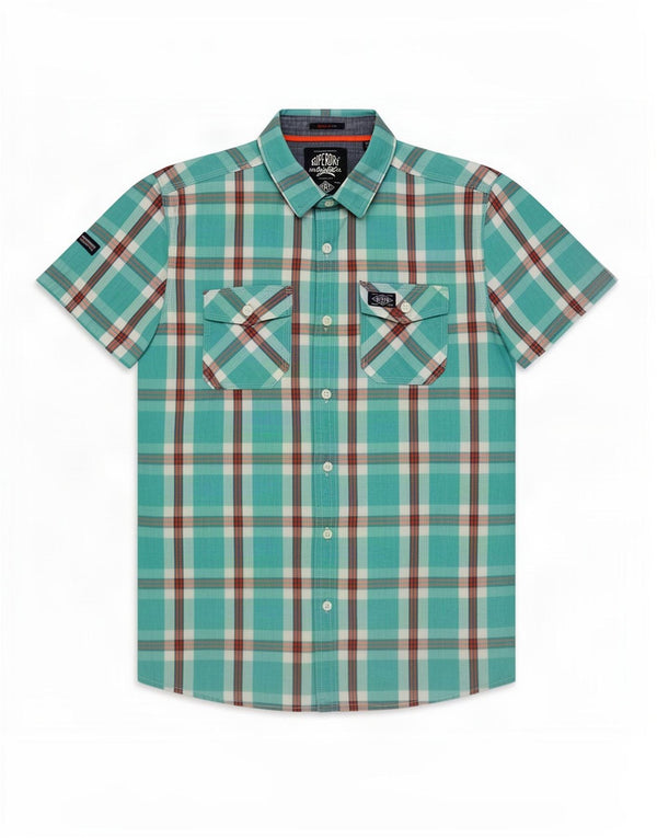 Superdry Mens Short Sleeve Shirt Large Turquoise Check Cotton