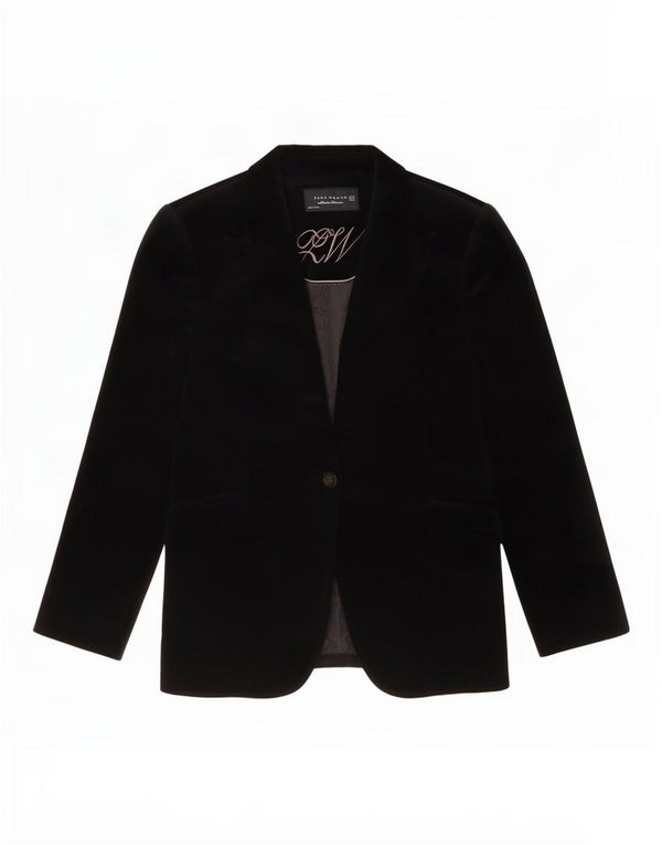 Zara Womens 1 Button Velvet Blazer Jacket EU 42 Large Black Cotton