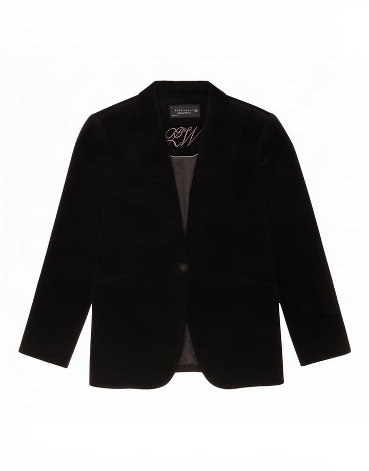 Zara Womens 1 Button Velvet Blazer Jacket EU 42 Large Black Cotton