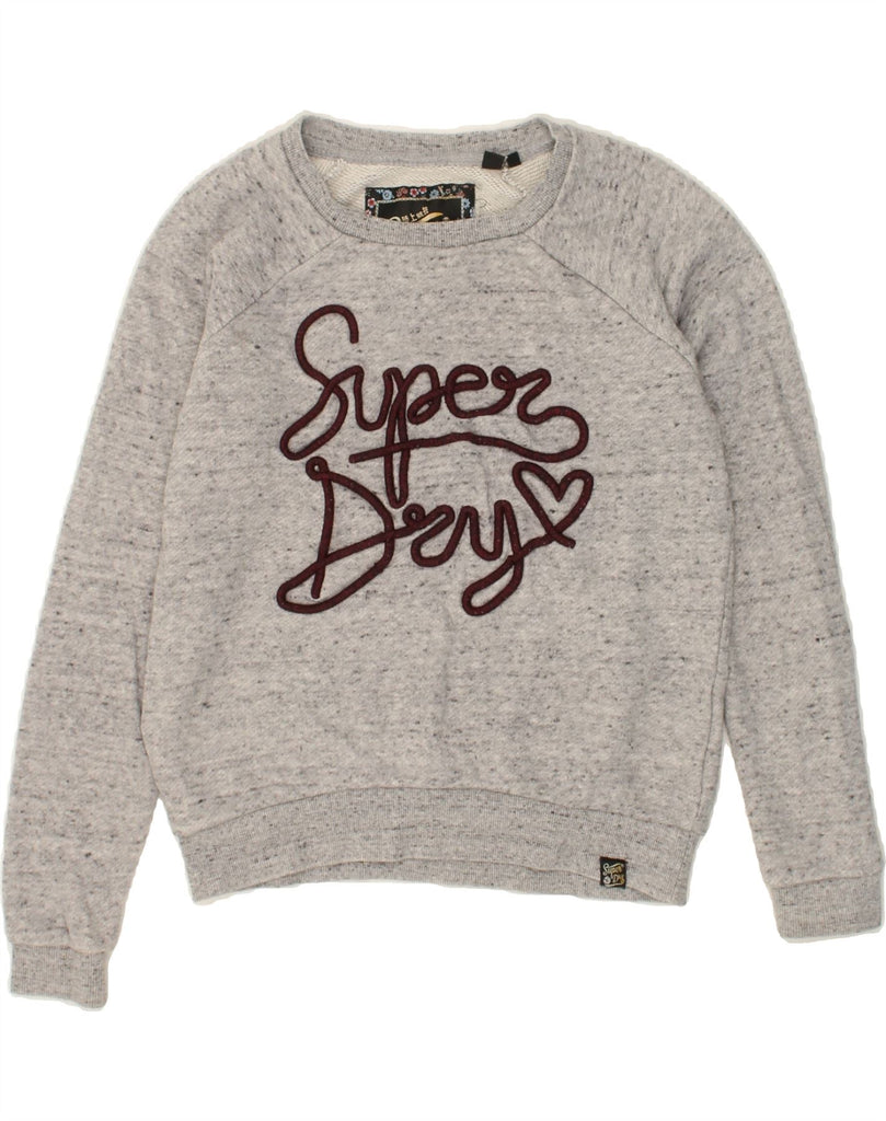 SUPERDRY Womens Graphic Sweatshirt Jumper UK 10 Small Grey Flecked Cotton Vintage Superdry and Second-Hand Superdry from Messina Hembry 