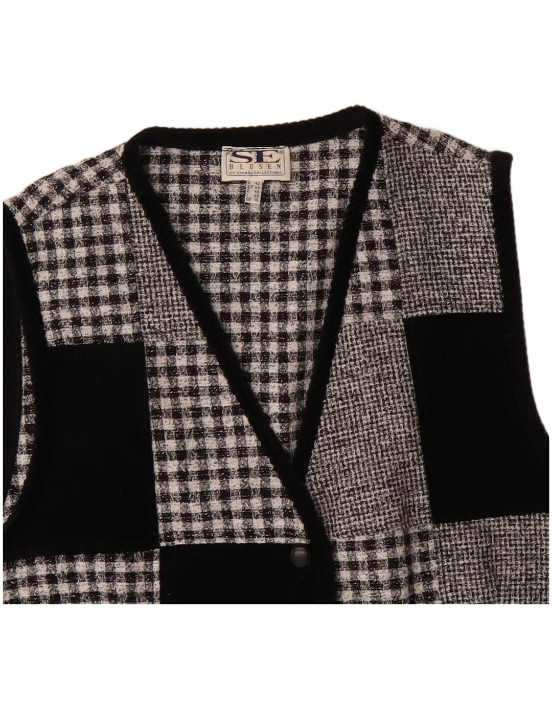 VINTAGE Womens Waistcoat UK 16 Large Black Patchwork Polyester