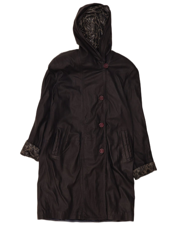 Rugano Womens Hooded Leather Coat IT 42 Medium Navy Blue Animal Print