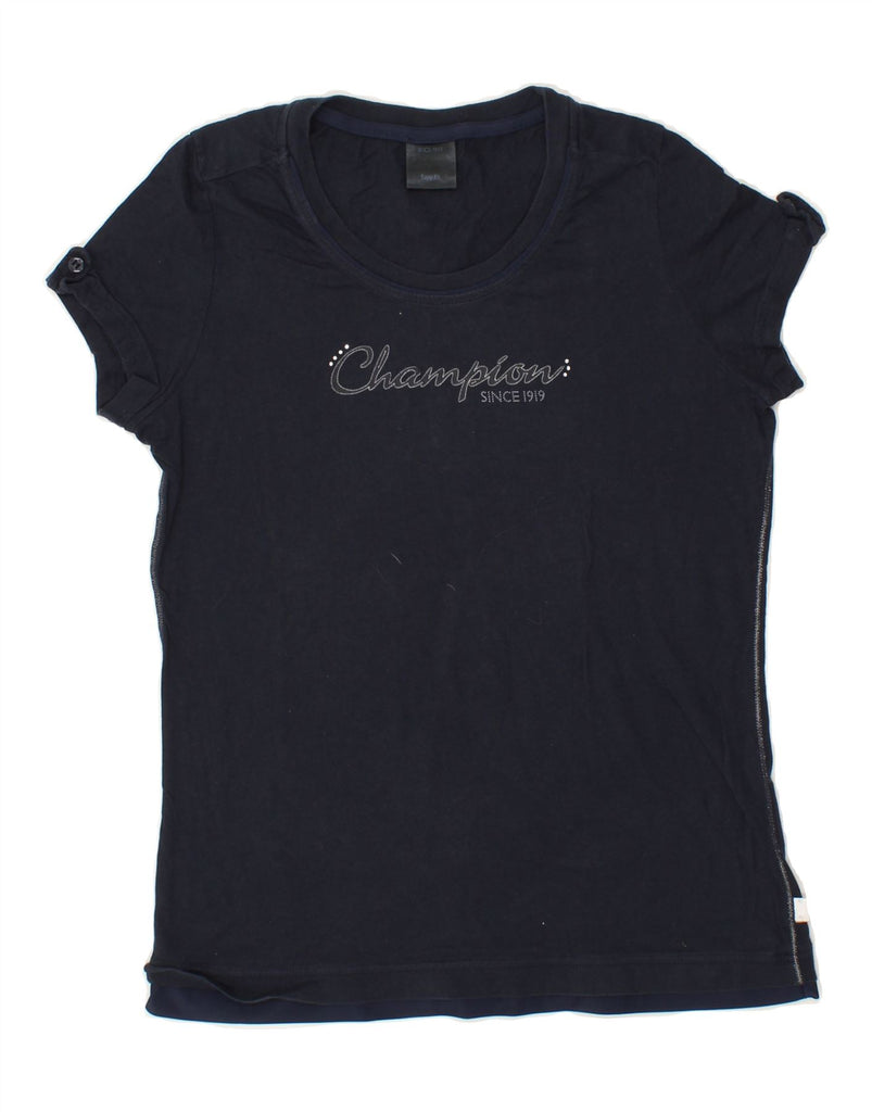 CHAMPION Womens Easy Fit Graphic T-Shirt Top UK 14 Medium Navy Blue Cotton Vintage Champion and Second-Hand Champion from Messina Hembry 