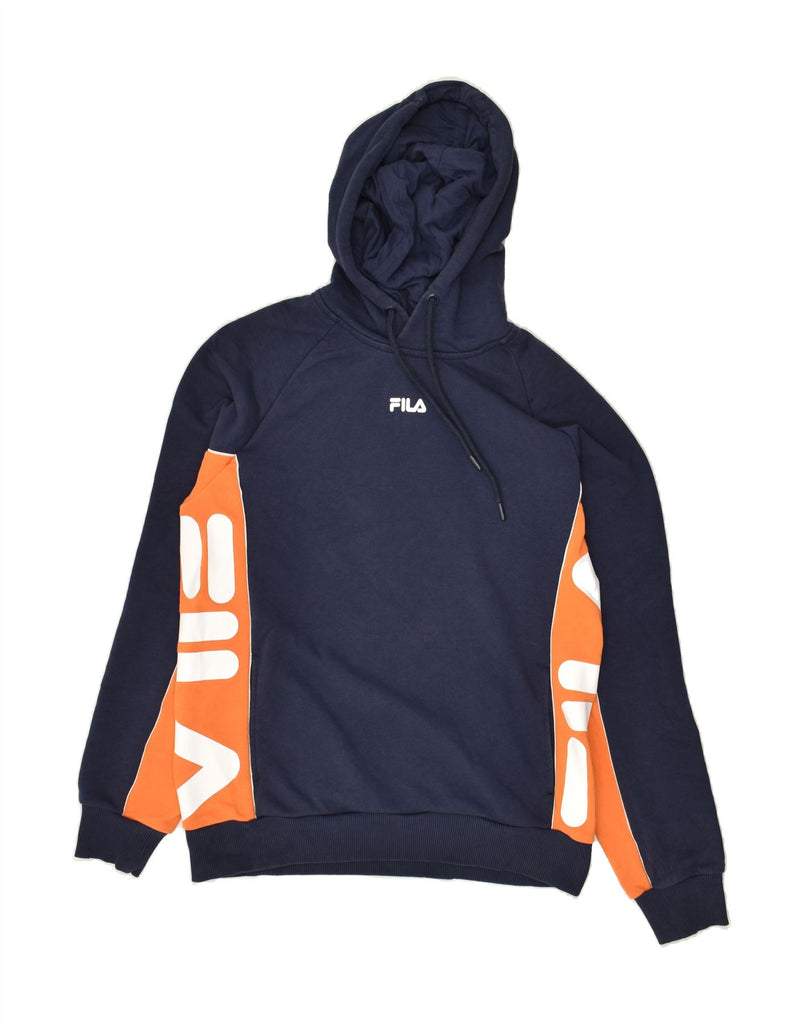 FILA Mens Graphic Hoodie Jumper Medium Navy Blue Colourblock Cotton | Vintage Fila | Thrift | Second-Hand Fila | Used Clothing | Messina Hembry 