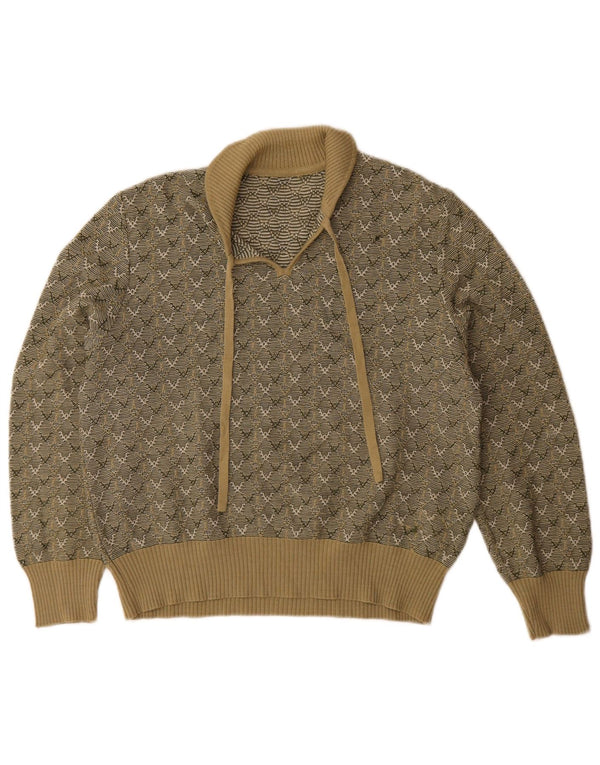 Vintage Womens Polo Neck Jumper Sweater UK 14 Large Khaki Geometric