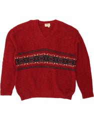 EDDIE BAUER Mens V-Neck Jumper Sweater 2XL Red Fair Isle Wool