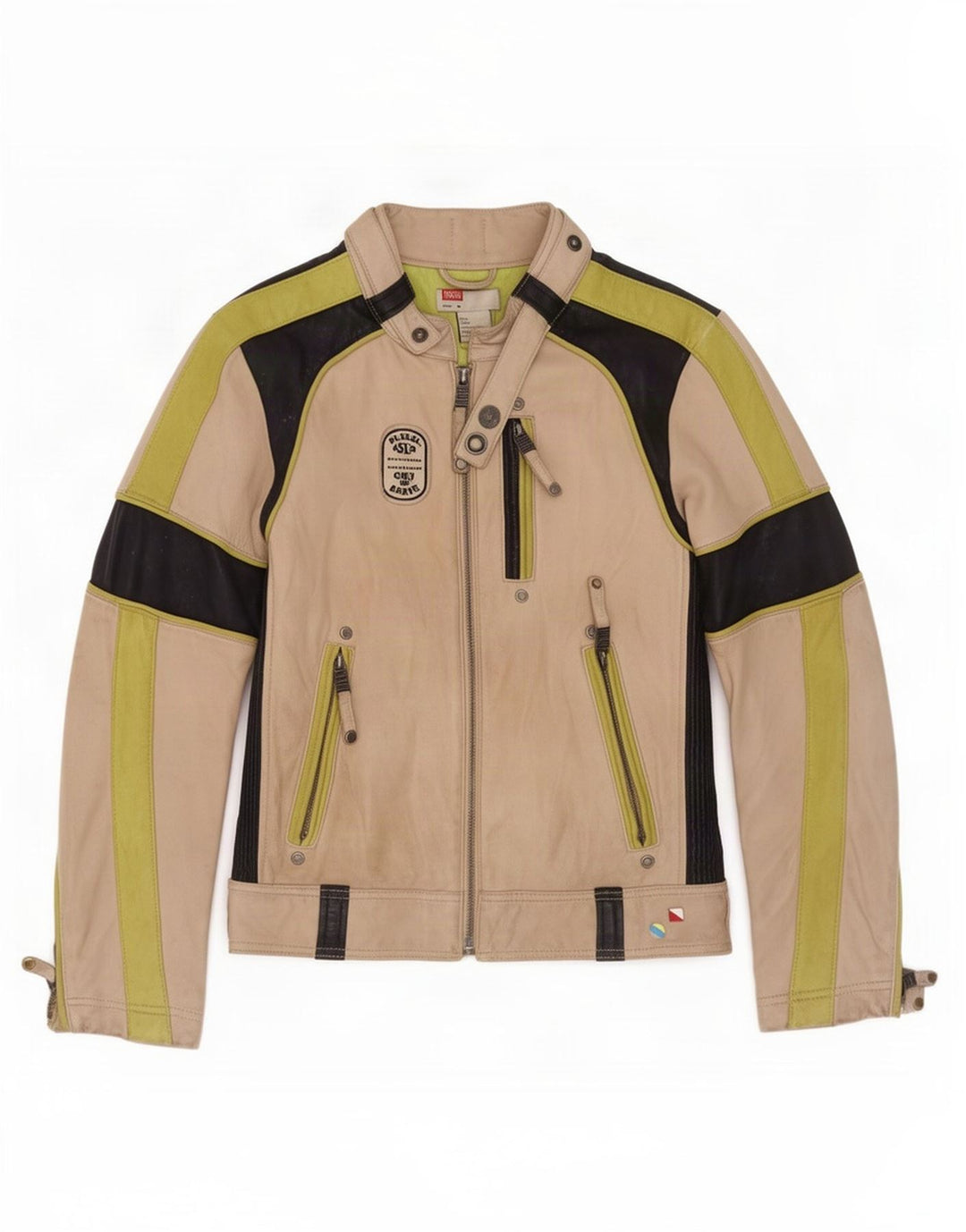 Diesel Boys Leather Racer Jacket 10-11 Years Medium Beige Colourblock