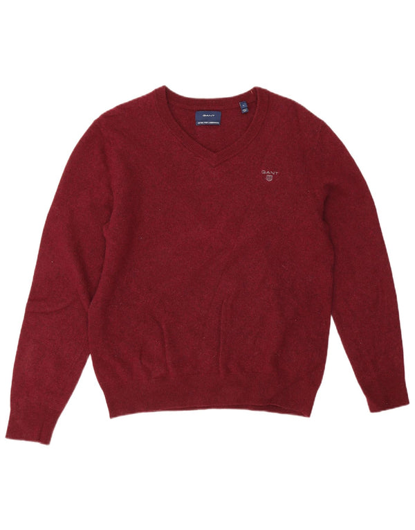 Gant Womens V-Neck Jumper Sweater UK 14 Large Burgundy Lambswool