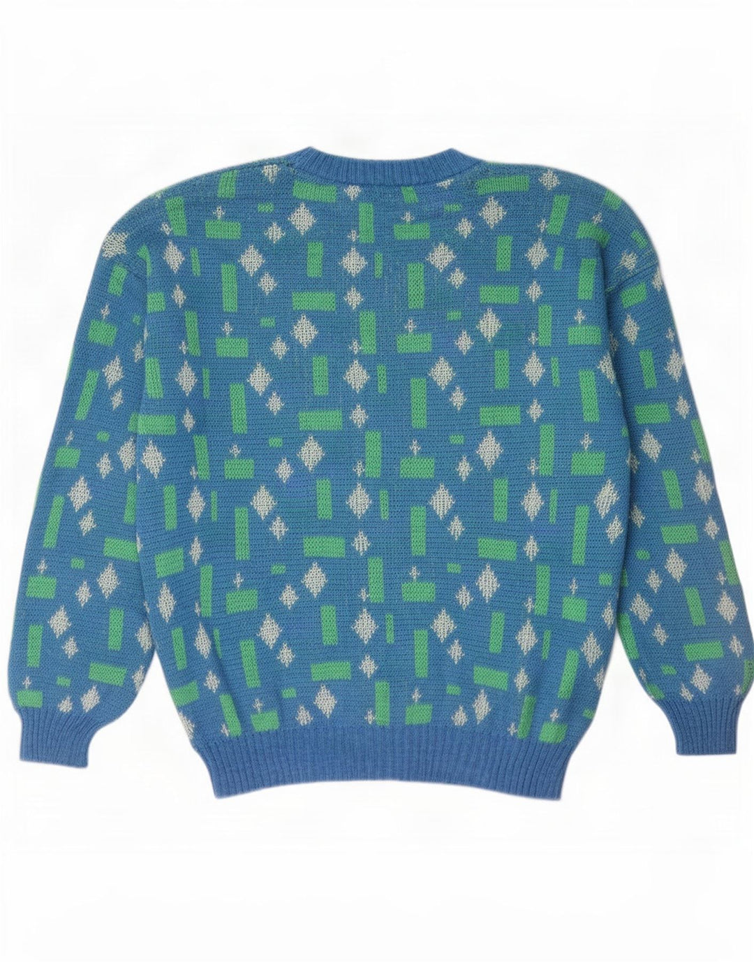 Vintage Mens Crew Neck Jumper Sweater Large Blue Geometric