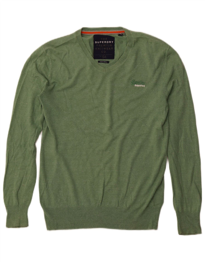 Superdry Mens V-Neck Jumper Sweater Small Green Cotton