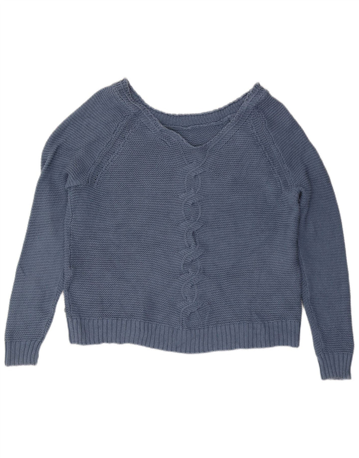 Roxy Womens Crop Oversized V-Neck Jumper Sweater UK 16 Large Blue Cotton