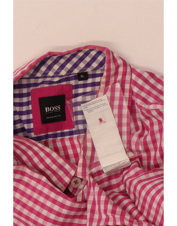Hugo Boss Mens Regular Fit Shirt XL Pink Gingham Cotton