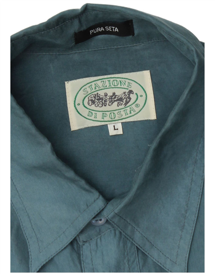 Vintage Mens Shirt Large Blue Silk