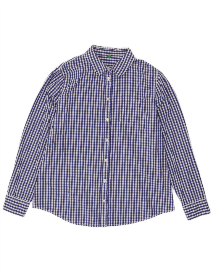 Benetton Womens Shirt UK 16 Large Blue Gingham Cotton