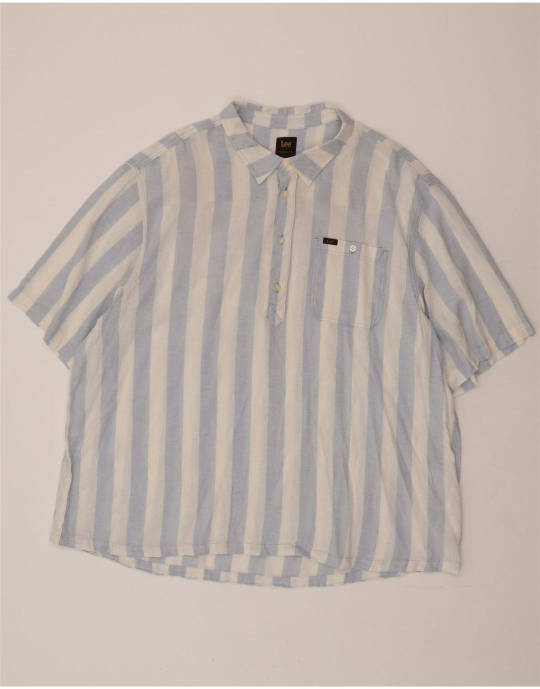 LEE Mens Short Sleeve Relaxed Fit Pullover Shirt 2XL Blue Striped Linen