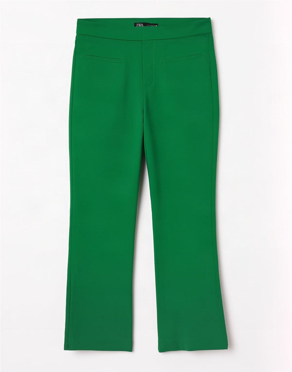 Zara Womens Bootcut Cropped Trousers Medium W28 L25 Green Cotton