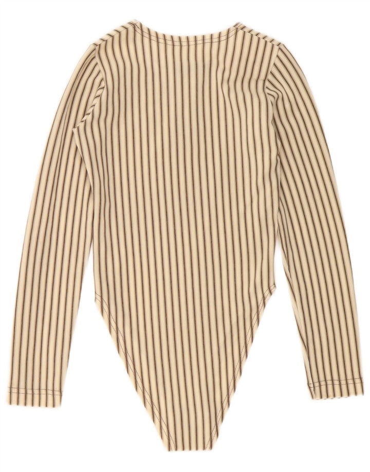 Vintage Womens Bodysuit UK 8 Small Beige Striped