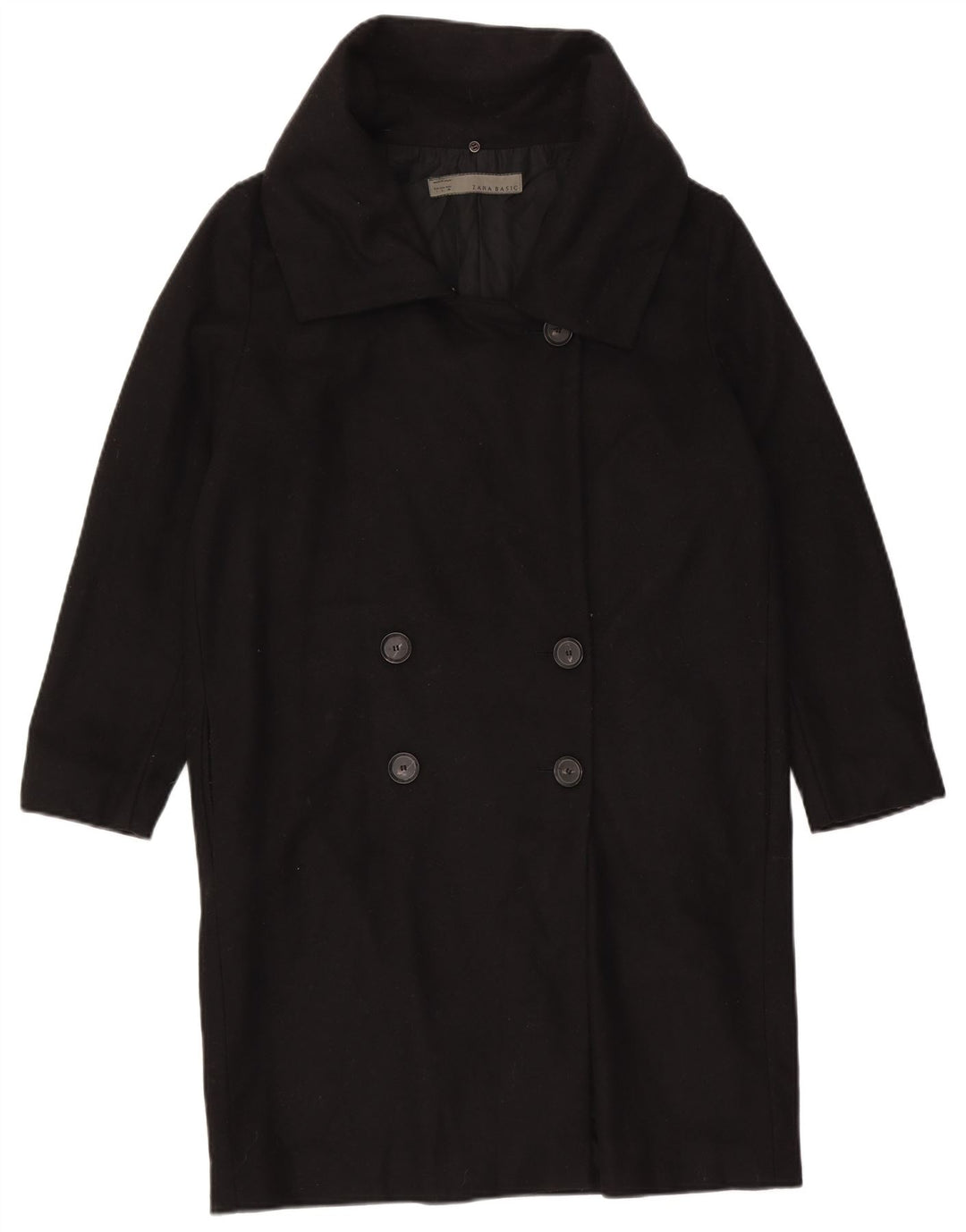 Zara Womens Double Breasted Coat UK 16 Large Black Wool