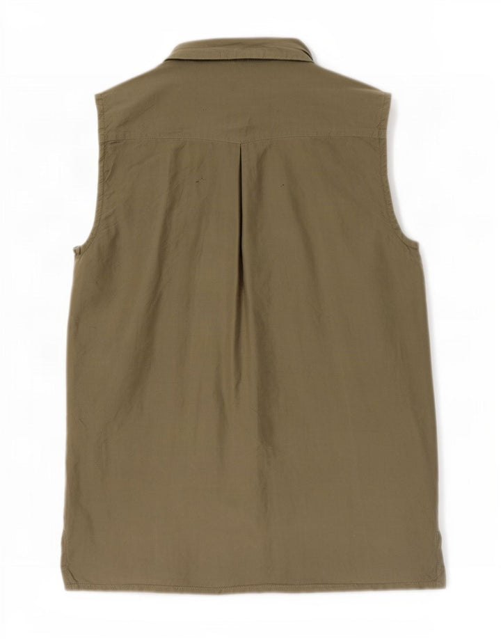 Vintage Womens Sleeveless Shirt Blouse UK 14 Medium Khaki Silk