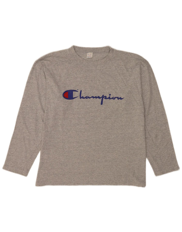 Champion Mens Graphic Top Long Sleeve Large Grey Flecked Cotton