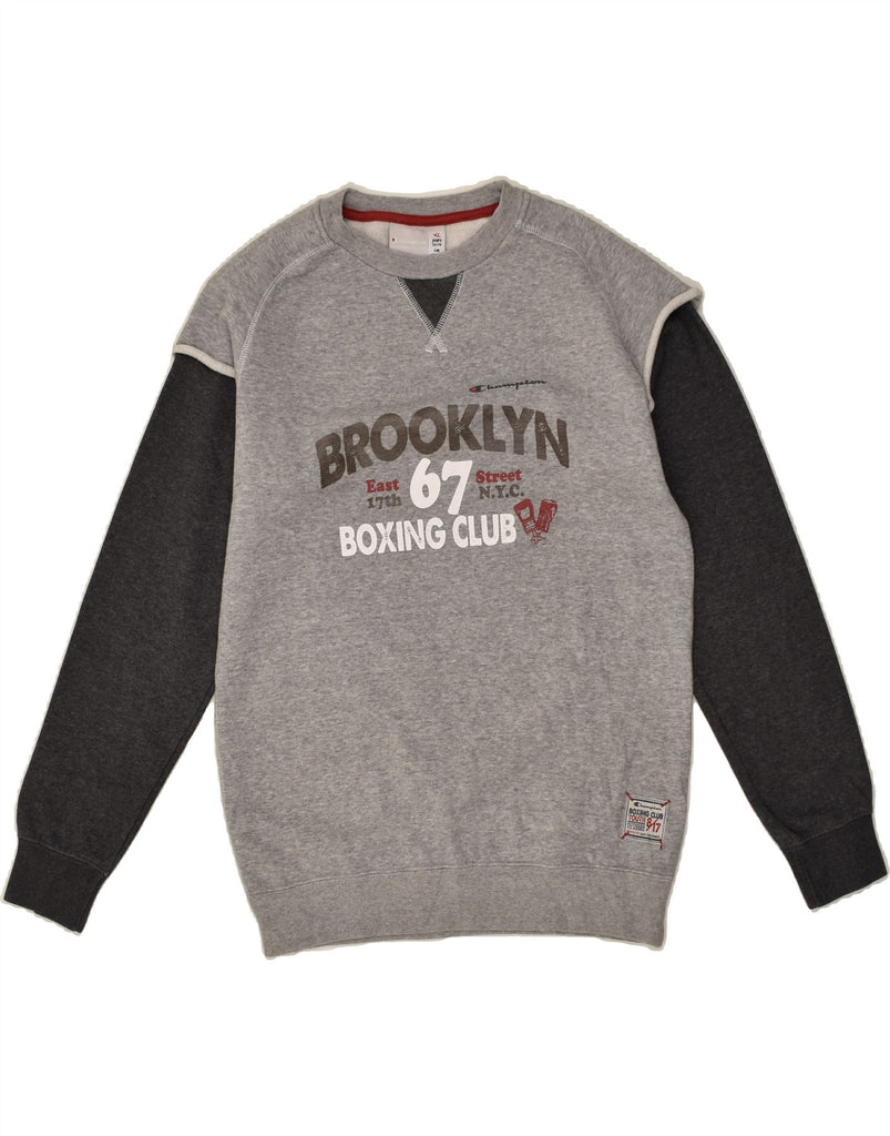 CHAMPION Boys Brooklyn Graphic Sweatshirt Jumper 13-14 Years XL Grey | Vintage Champion | Thrift | Second-Hand Champion | Used Clothing | Messina Hembry 