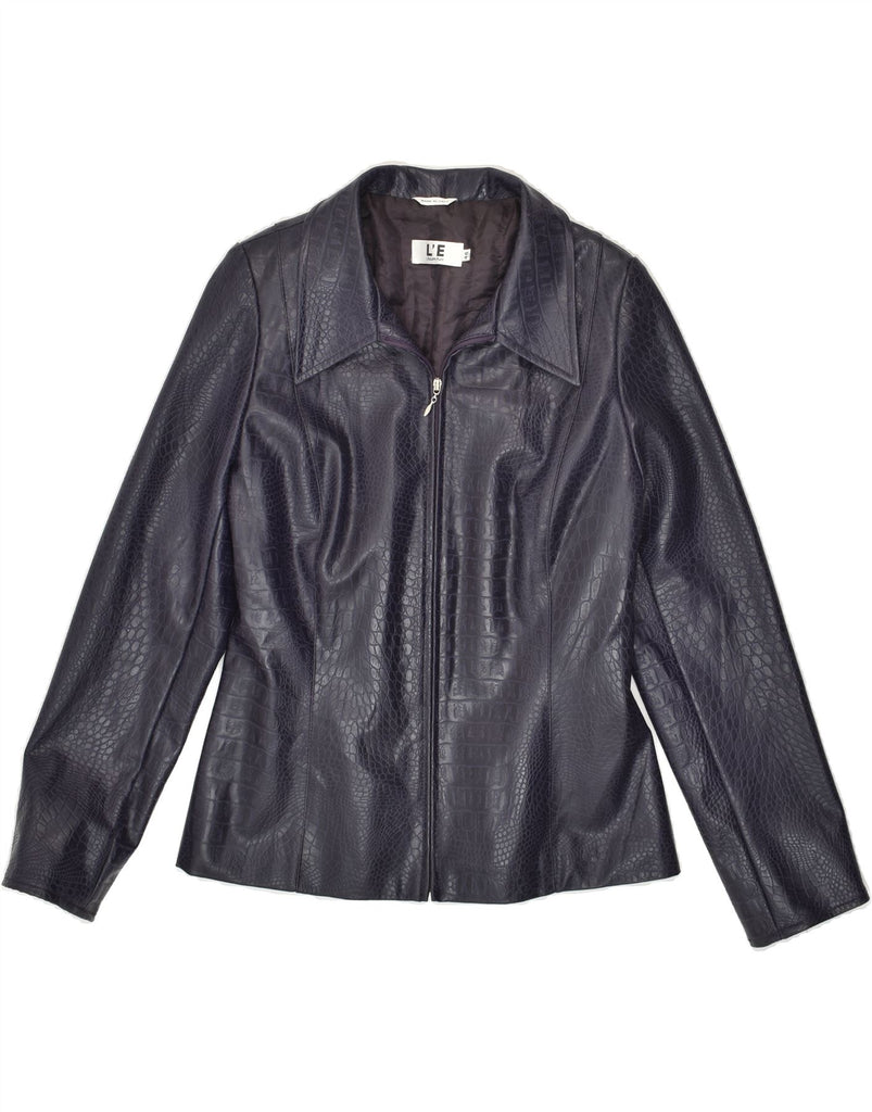 L'EQUIPE Womens Leather Jacket IT 46 Large Navy Blue Animal Print | Vintage L'Equipe | Thrift | Second-Hand L'Equipe | Used Clothing | Messina Hembry 