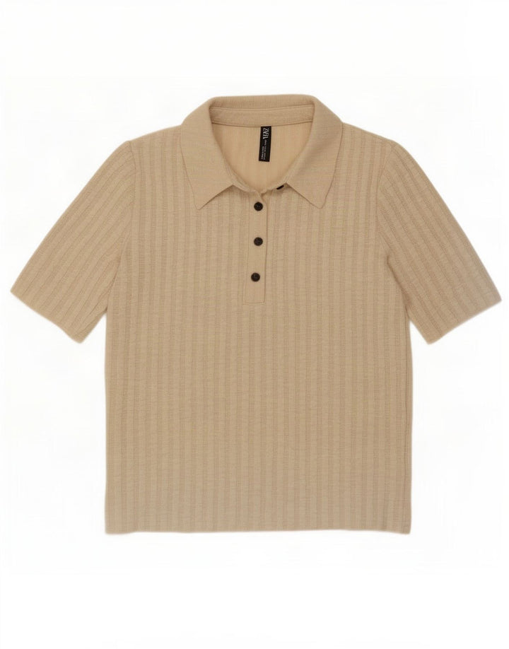 Zara Womens Polo Shirt UK 12 Medium Beige Striped Polyester