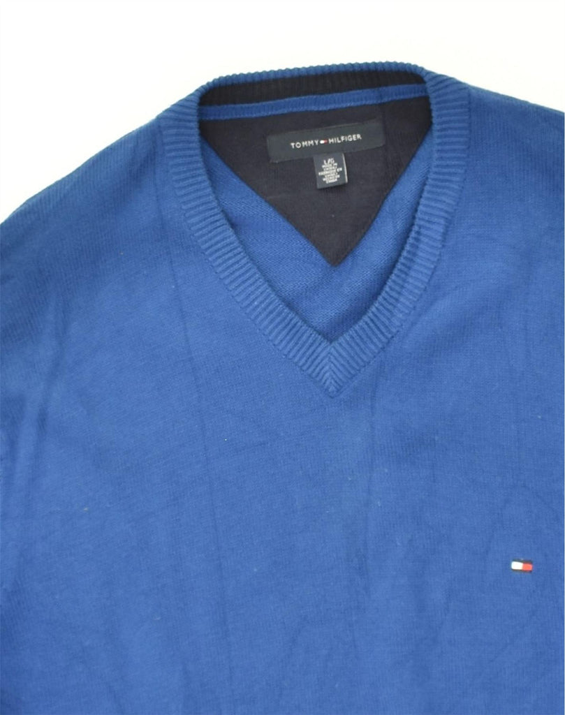 TOMMY HILFIGER Mens V-Neck Jumper Sweater Large Blue Cotton | Vintage Tommy Hilfiger | Thrift | Second-Hand Tommy Hilfiger | Used Clothing | Messina Hembry 