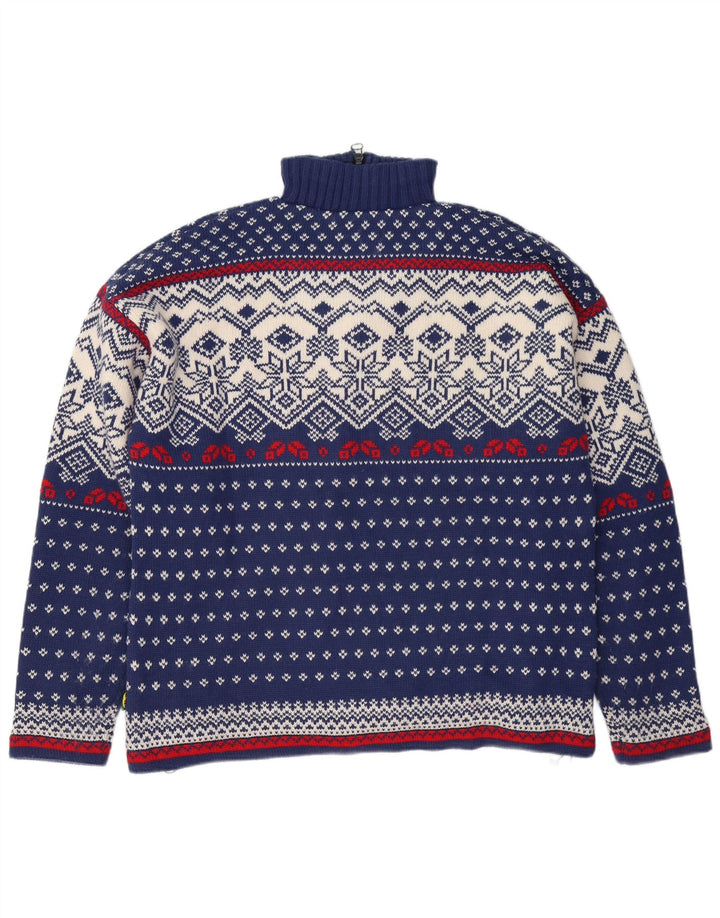 OCK Mens Zip Neck Jumper Sweater XL Navy Blue Fair Isle Wool