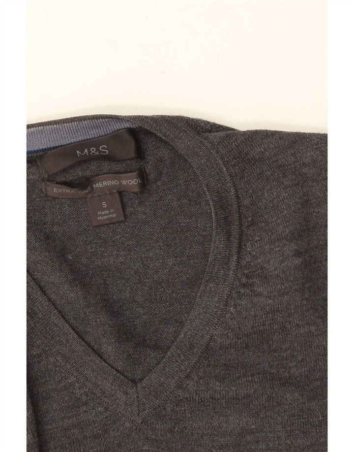 MARKS & SPENCER Mens V-Neck Jumper Sweater Small Grey Merino Wool