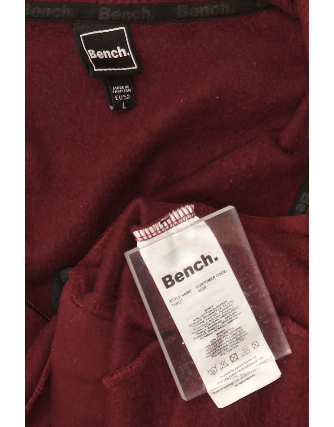 BENCH Mens Graphic Zip Hoodie Sweater EU 52 Large Burgundy Cotton
