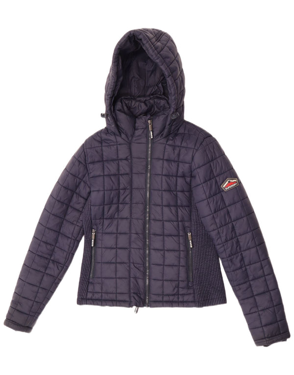 Superdry Womens Hooded Padded Jacket UK 12 Medium Navy Blue Nylon
