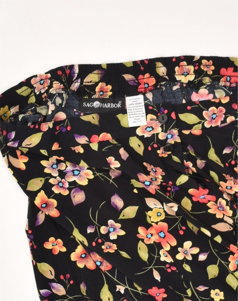 SAG HARBOR Womens Pleated Skirt UK 16 Large W35 Black Floral Rayon | Vintage Sag Harbor | Thrift | Second-Hand Sag Harbor | Used Clothing | Messina Hembry 