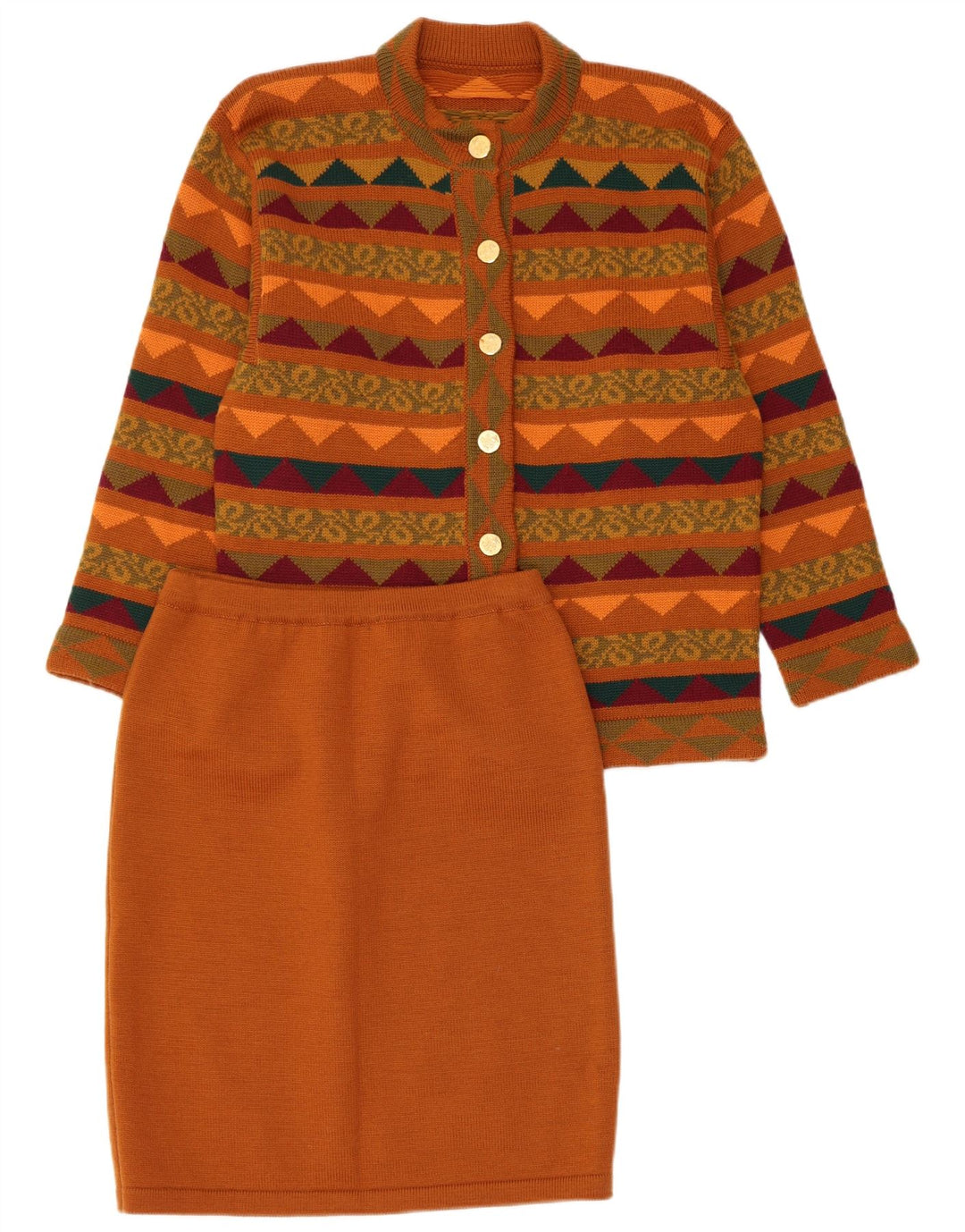 VINTAGE Womens Knit 2 Piece Skirt Set UK 14 Medium W28  Brown Geometric